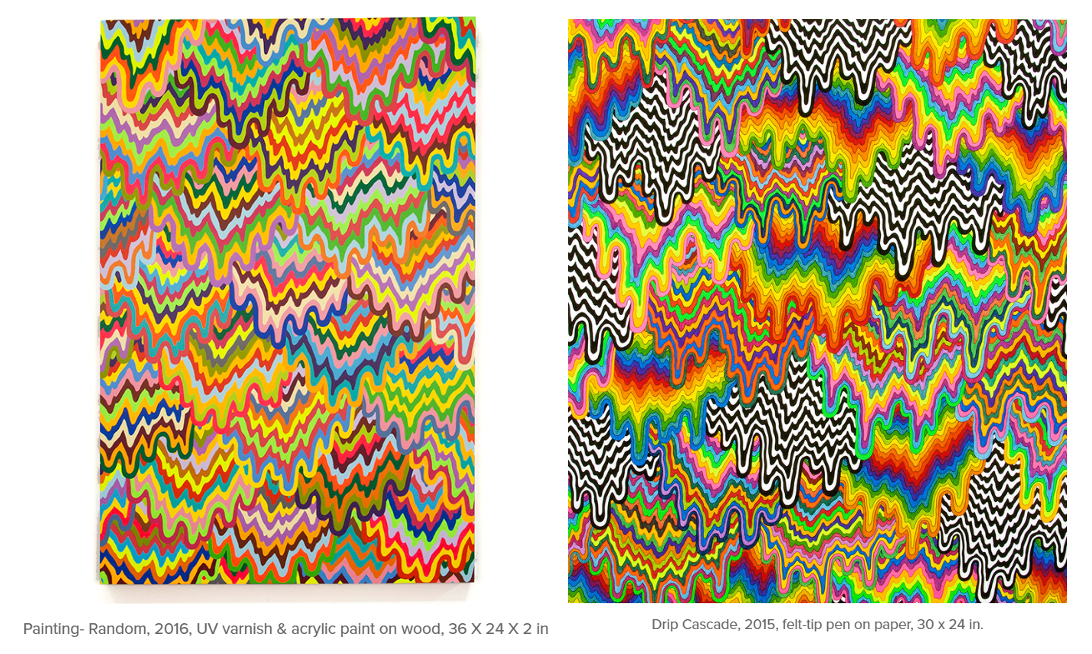 Two colorful abstract 2D mixed media artworks with wavy, zigzag patterns. The left features vibrant rainbow colors, while the right combines similar hues with bold black-and-white zigzags. Both create a swirling, dynamic effect.